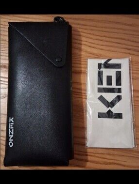 Kenzo Black Leather Multi Snap Eyeglass Sunglass Case w/ Neck Strap & Wipe